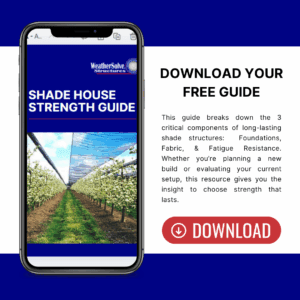 A phone displays the "Shade House Strength Guide" cover; beside it, a text offers a free downloadable guide on shade house structures and a red "Download" button.