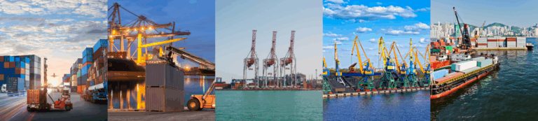 Collage of shipping ports showing stacked cargo containers, cranes, ships, and trucks during various times of day.