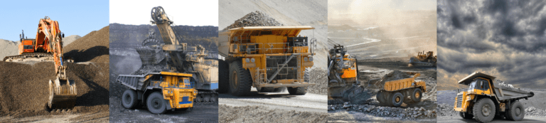 Five images showing various types of heavy mining equipment, including excavators, dump trucks, and loaders, working at open-pit mining sites under cloudy skies.