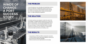 Split-screen graphic showing a port success story; left side details the problem, solution, and results, while right side features three images of port and construction scenes.