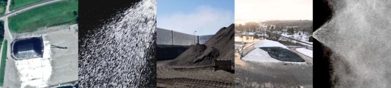 Collage showing aerial view of salt storage, salt being spread, piles of salt outdoors, vehicles with salt loads, and salt being sprayed onto a surface.
